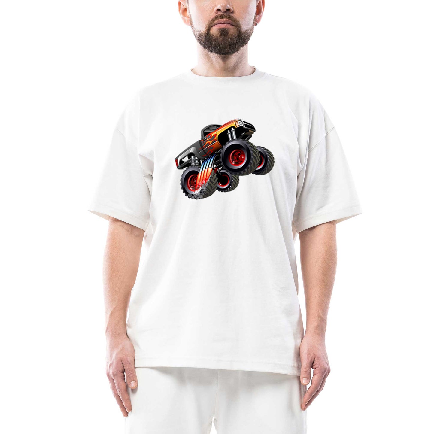 Cartoon Monster Truck Oversize Beyaz Tişört