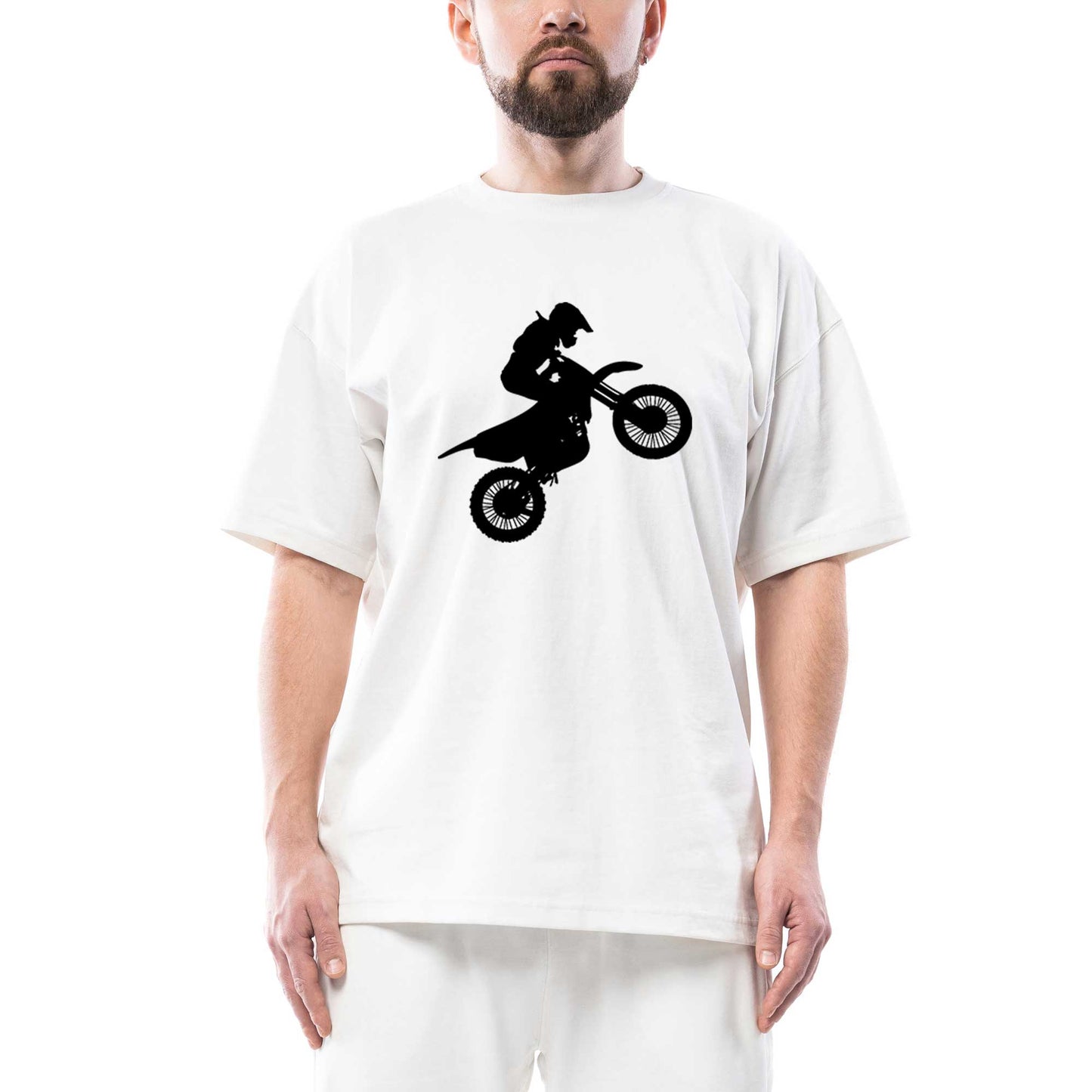 Motocross Motorcycle Siluet Oversize Beyaz Tişört