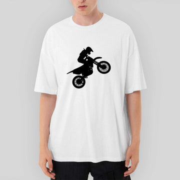Motocross Motorcycle Siluet Oversize Beyaz Tişört