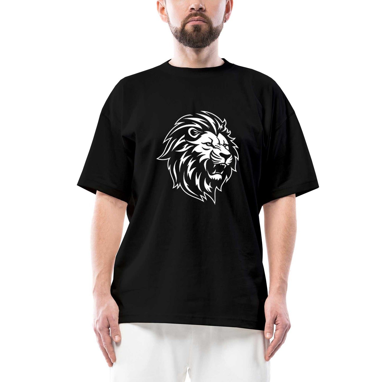 Black and White Lion Oversize Siyah Tişört