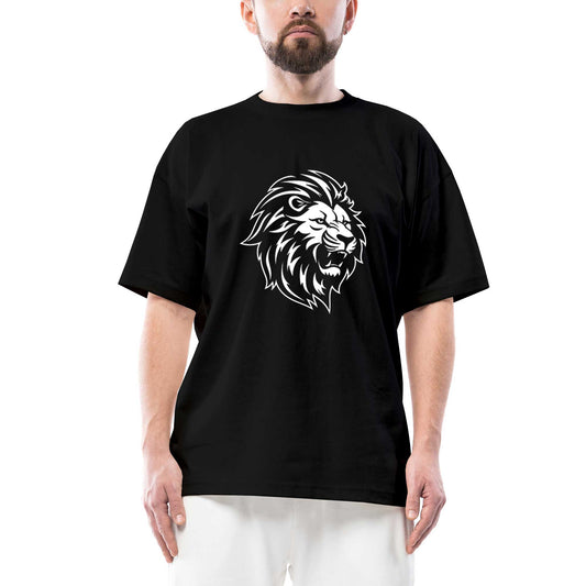Black and White Lion Oversize Siyah Tişört