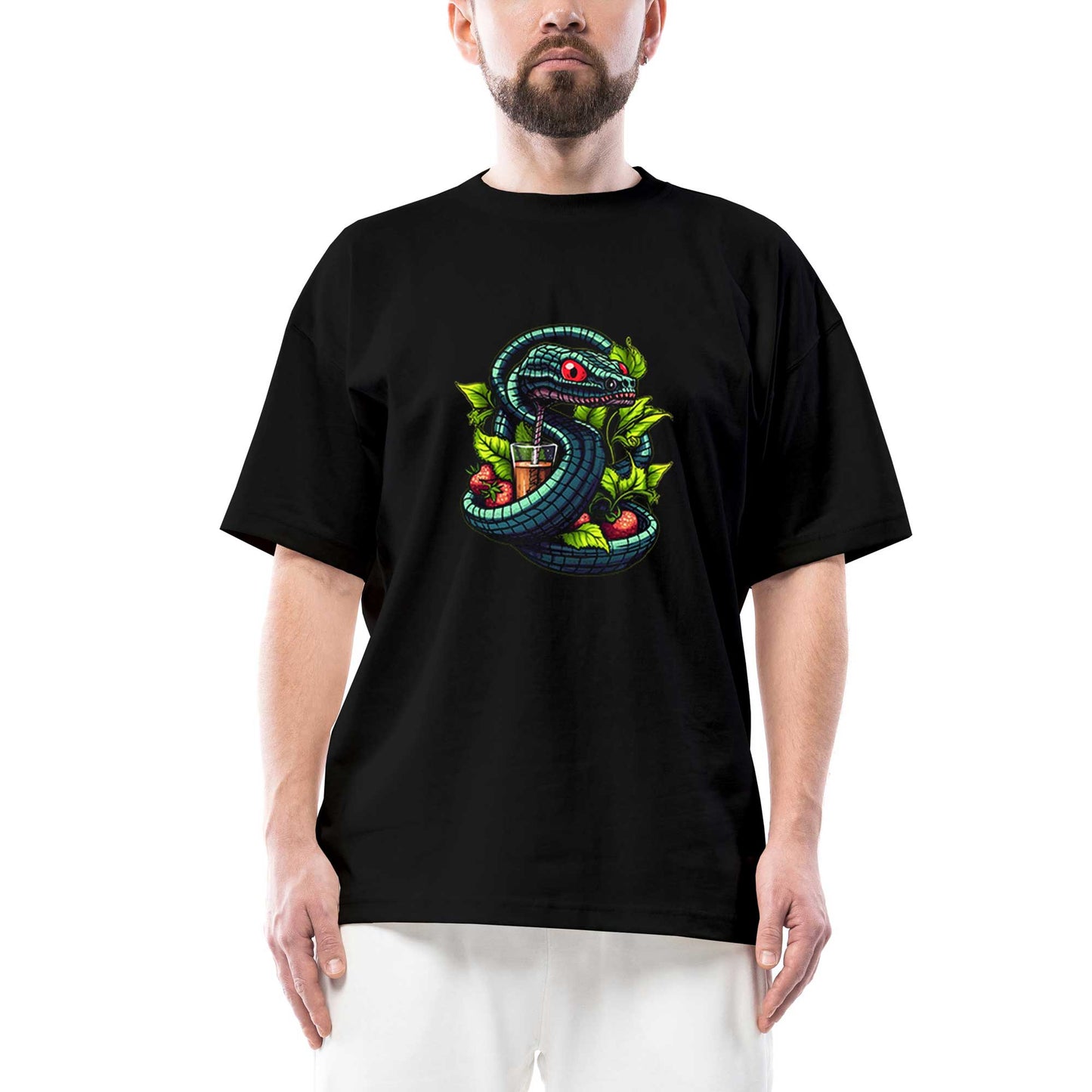 Cocktail and Snake Oversize Siyah Tişört