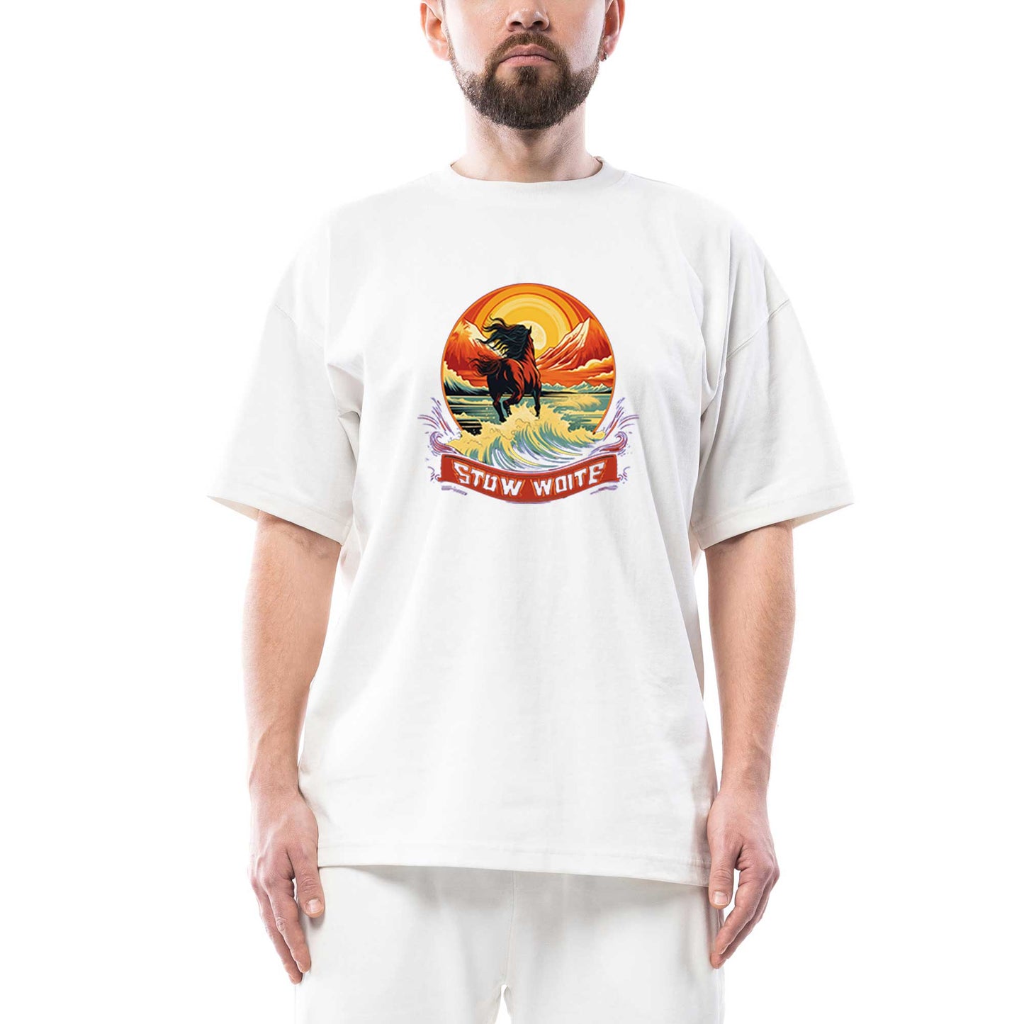 Horse Running in The Sea Oversize Beyaz Tişört