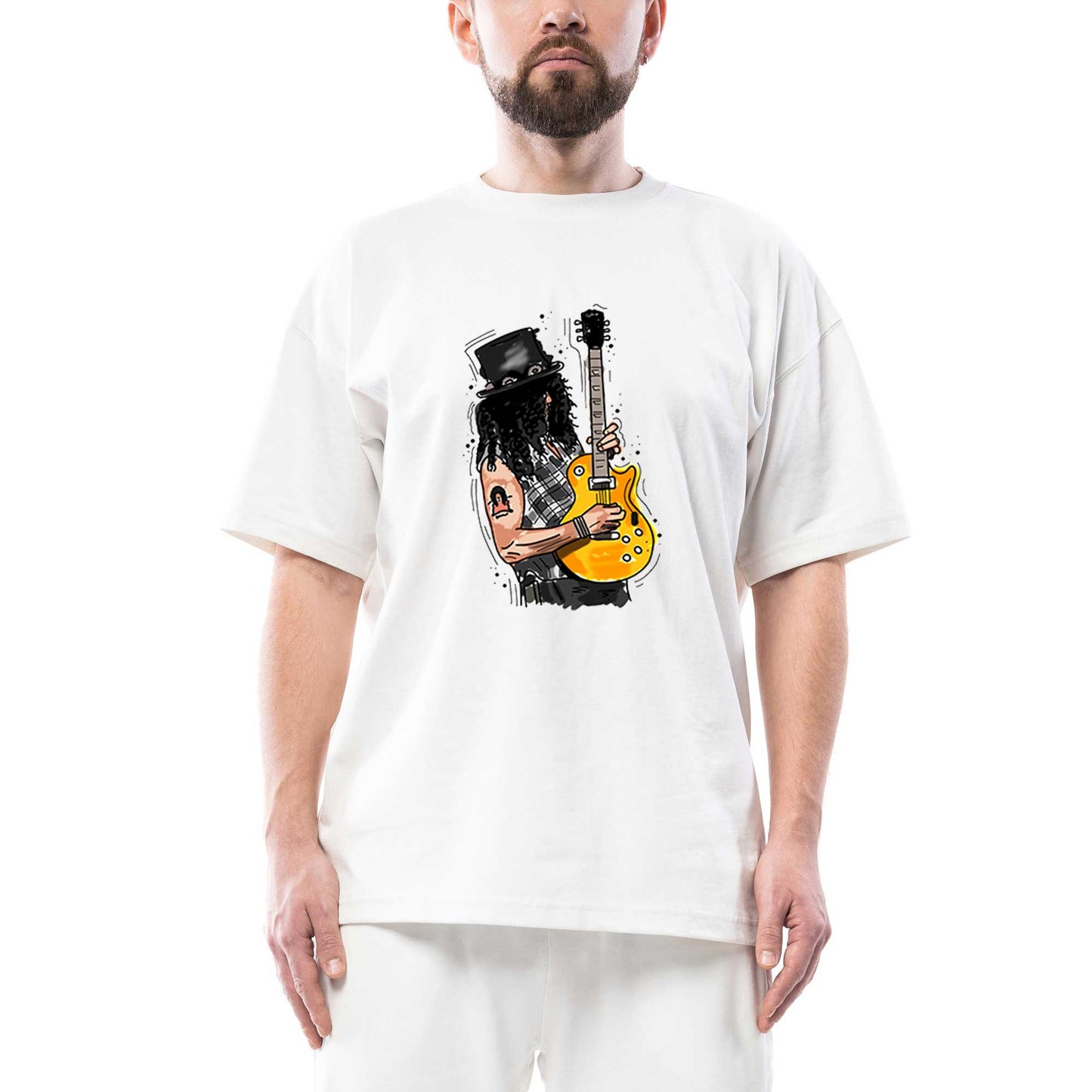 Slash Guitar Cartoon Oversize Beyaz Tişört