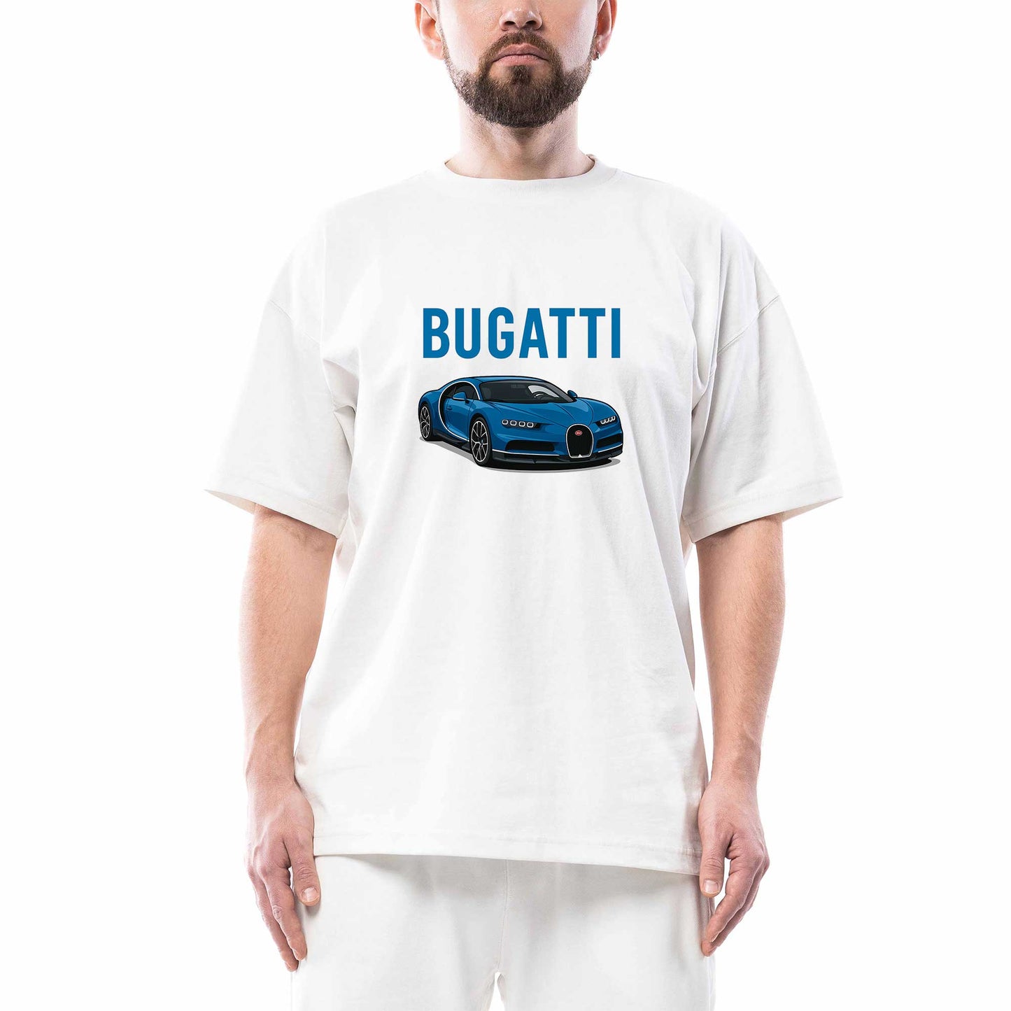Bugatti Blue Sport Car Oversize Beyaz Tişört