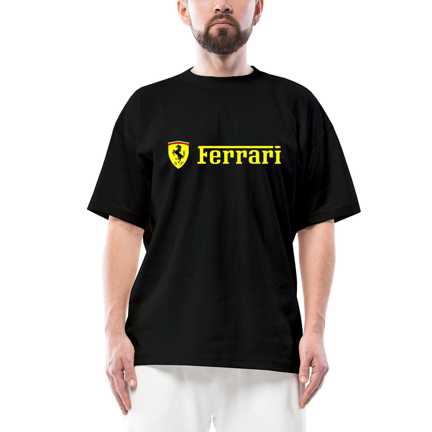 Ferrari Logo Gold Text Oversize Siyah Tişört