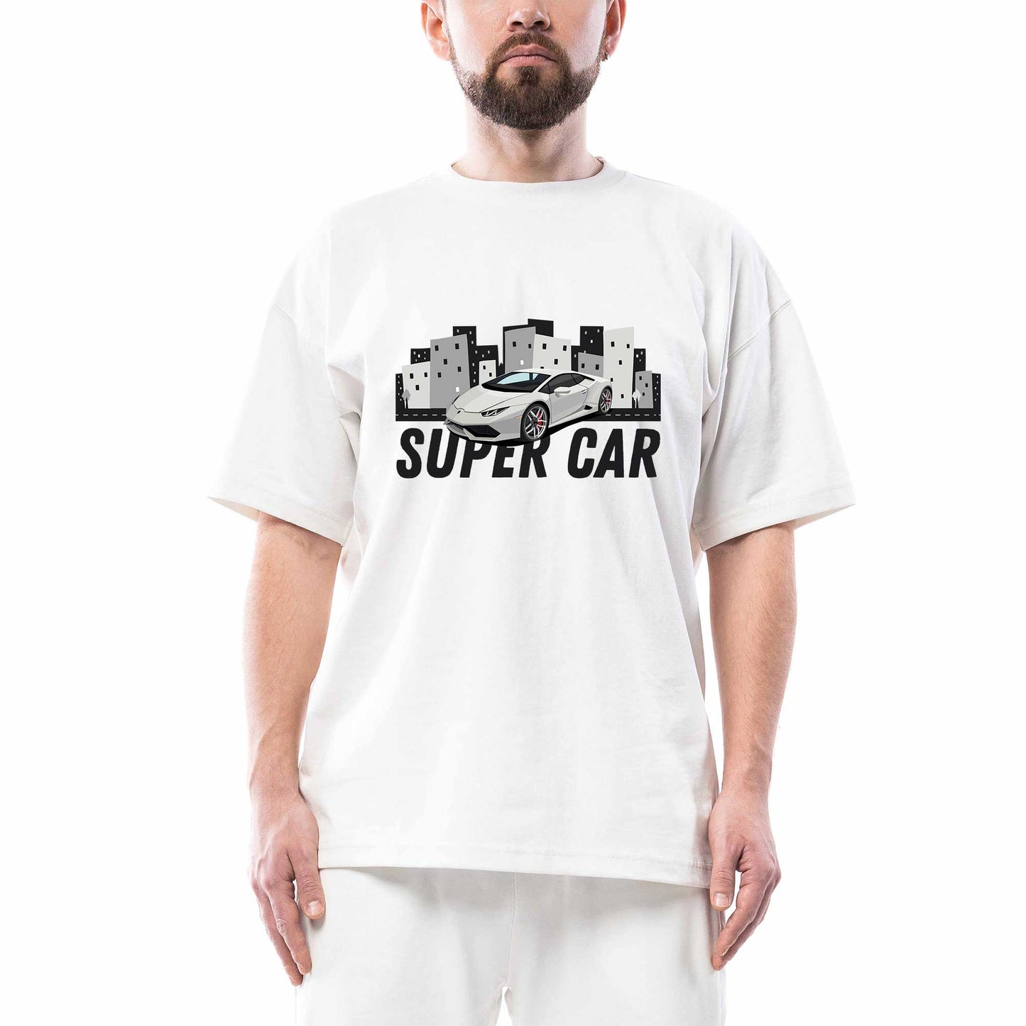 Süper Car Lamborghini Oversize Beyaz Tişört