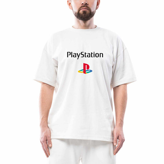 Playstation Logo Text Color beyaz oversize tişört
