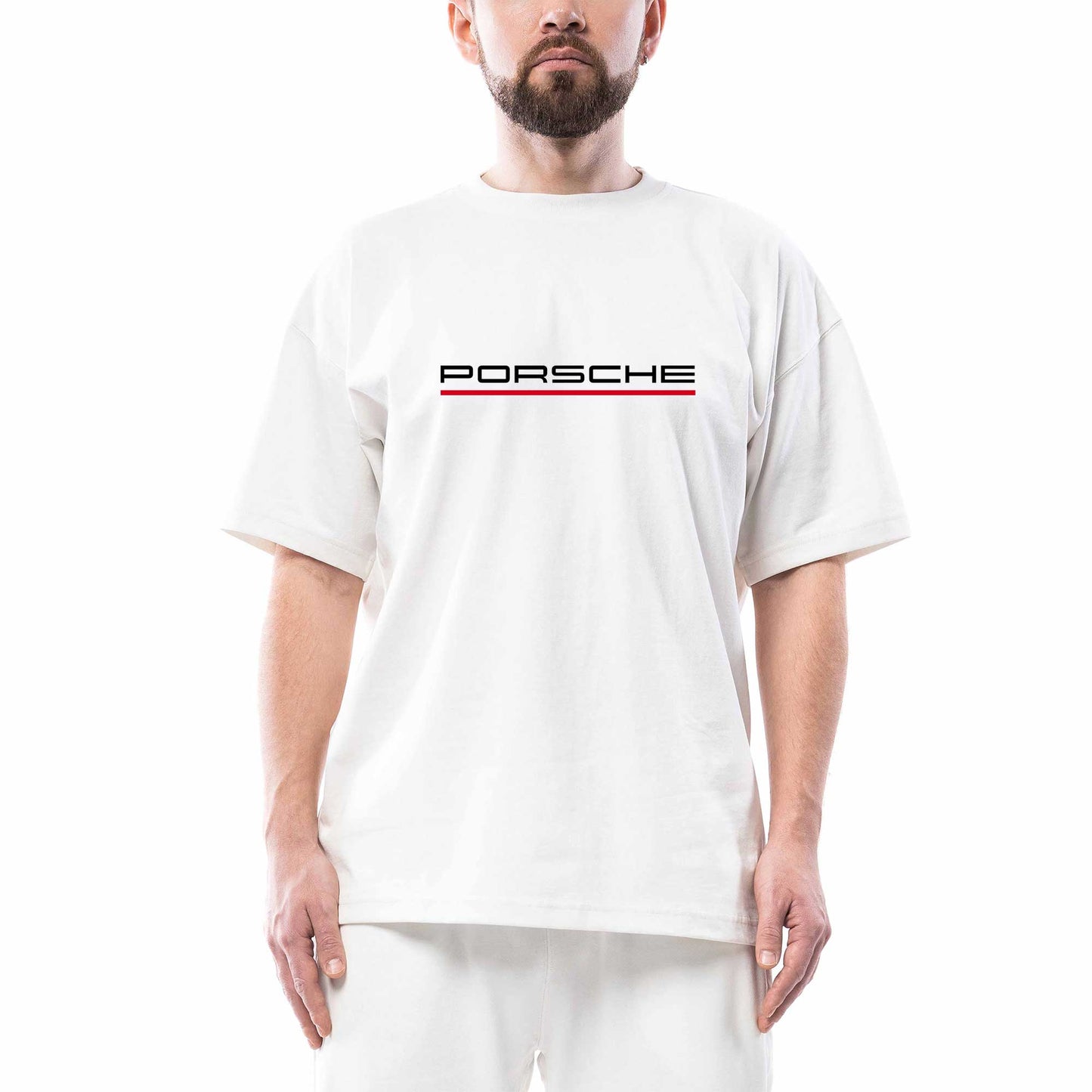 Porsche Text Red Oversize Beyaz Tişört