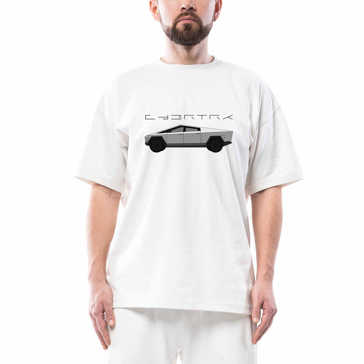 Tesla Cybertruck Oversize Beyaz Tişört