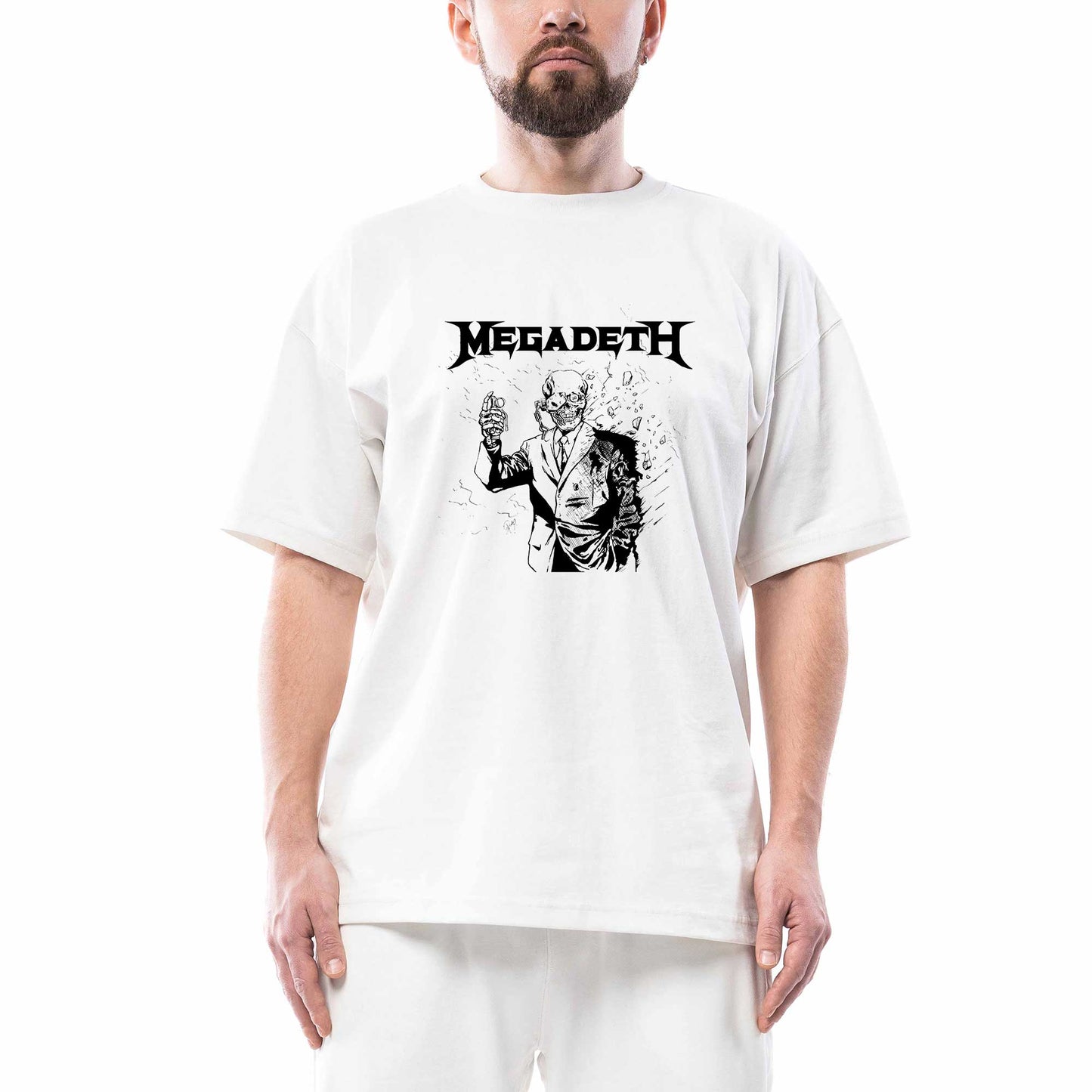 Megadeth Vic Rattlehead Portre Beyaz Oversize Tişört