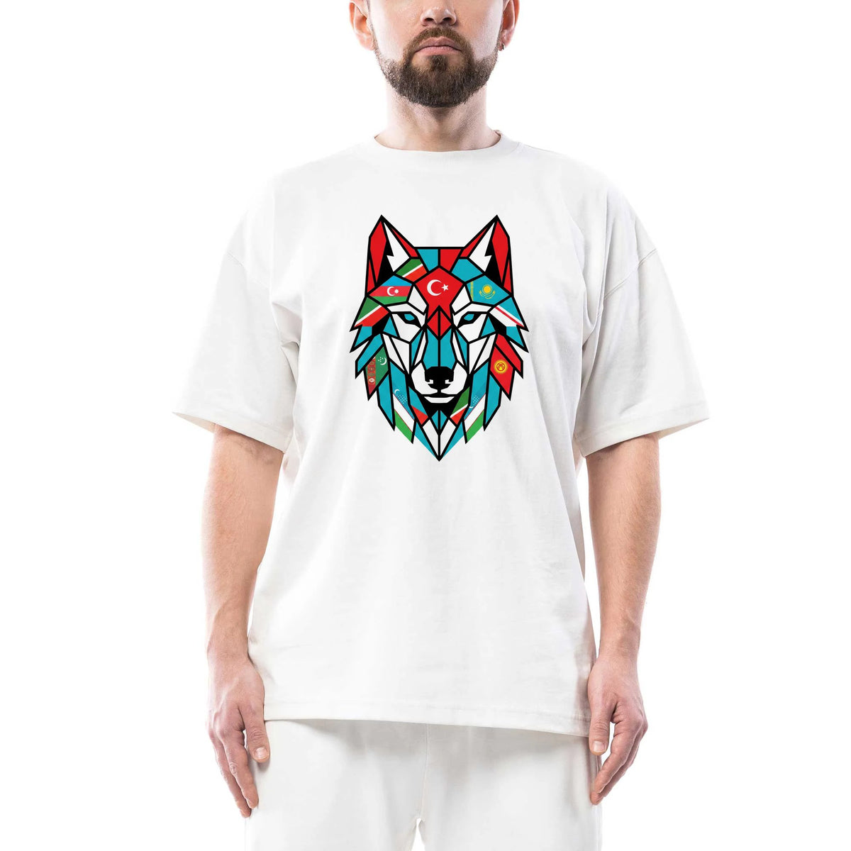 Renkli Geometrik Low Poly Bozkurt Başı Baskılı Beyaz Oversize Tişört