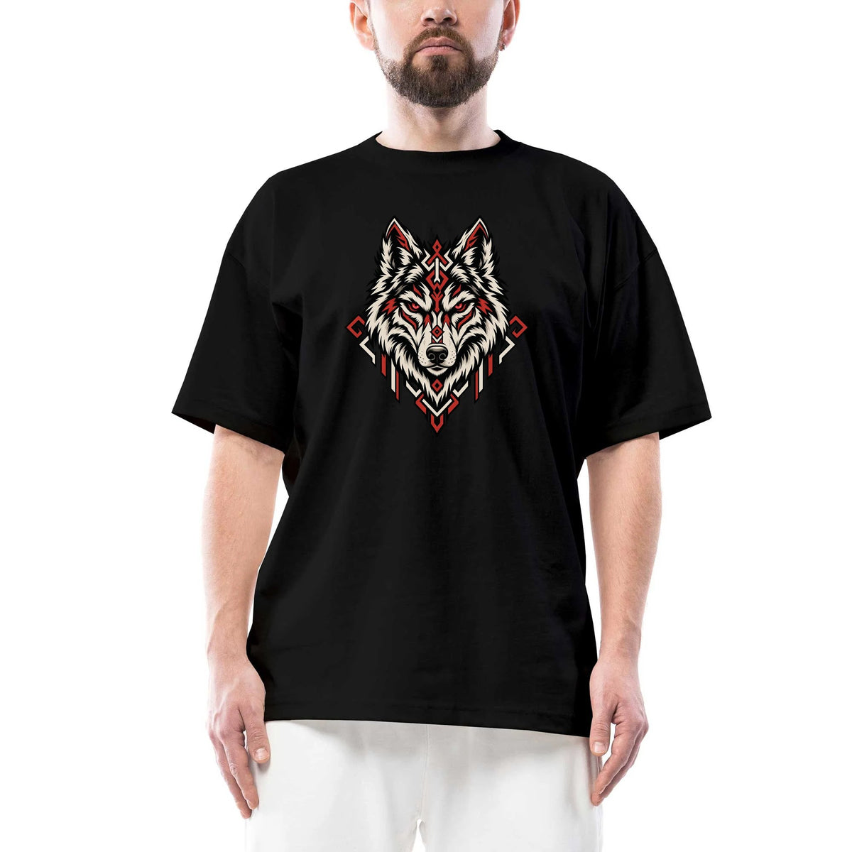 Geometrik Bozkurt Siyah Oversize Tişört