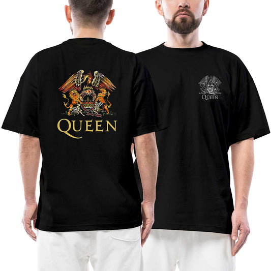 Queen Ön Arka Baskılı Siyah Oversize Tişört