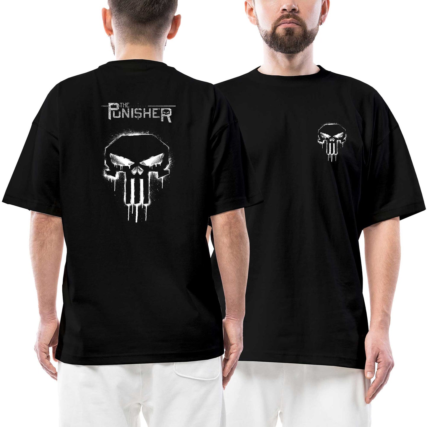 Punisher Ön Arka Baskılı Siyah Oversize Tişört