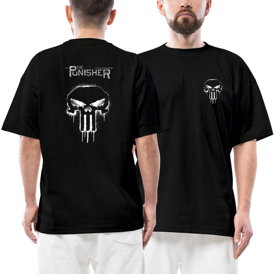 Punisher Ön Arka Baskılı Siyah Oversize Tişört