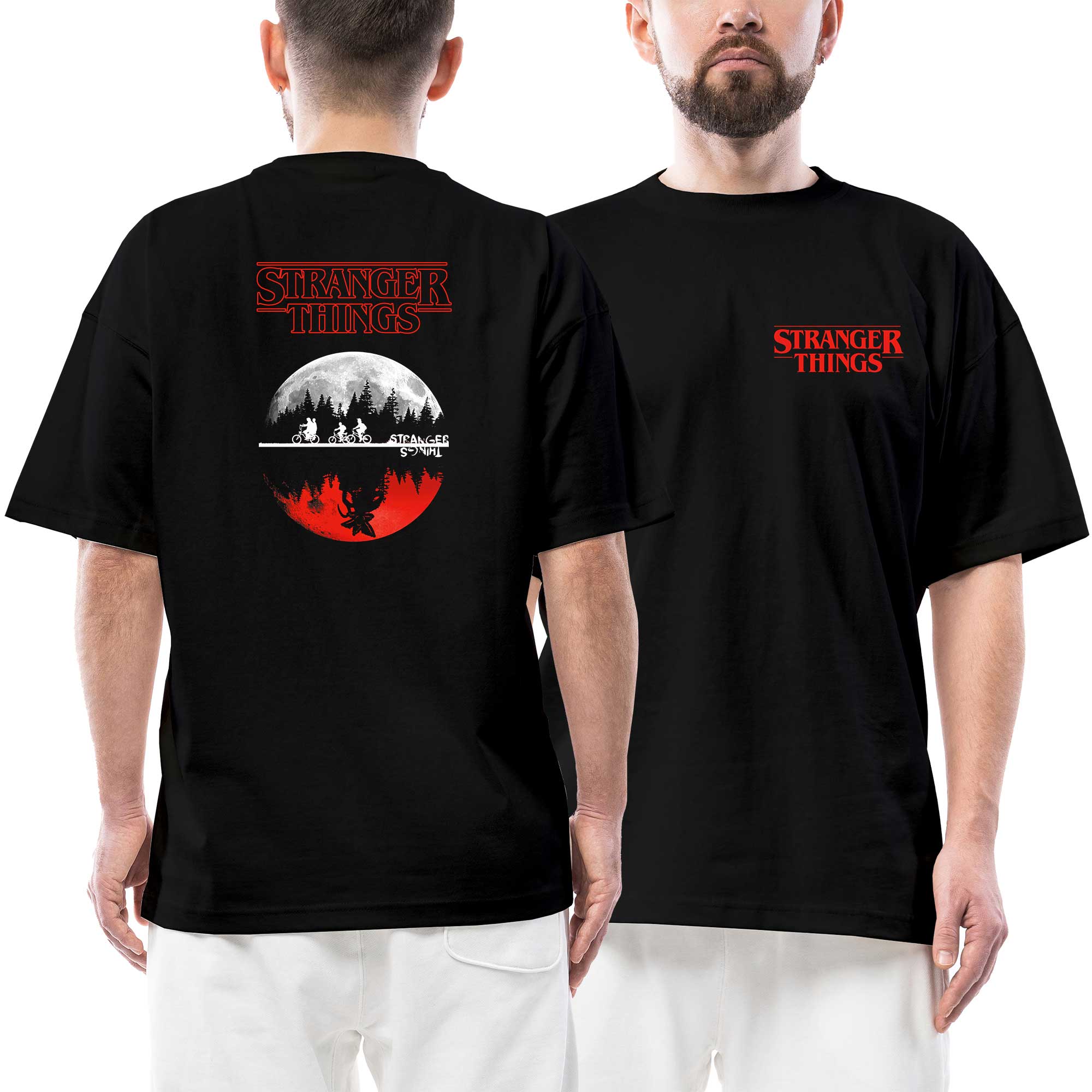 Stranger Things Home Ön Arka Baskılı Siyah Oversize Tişört