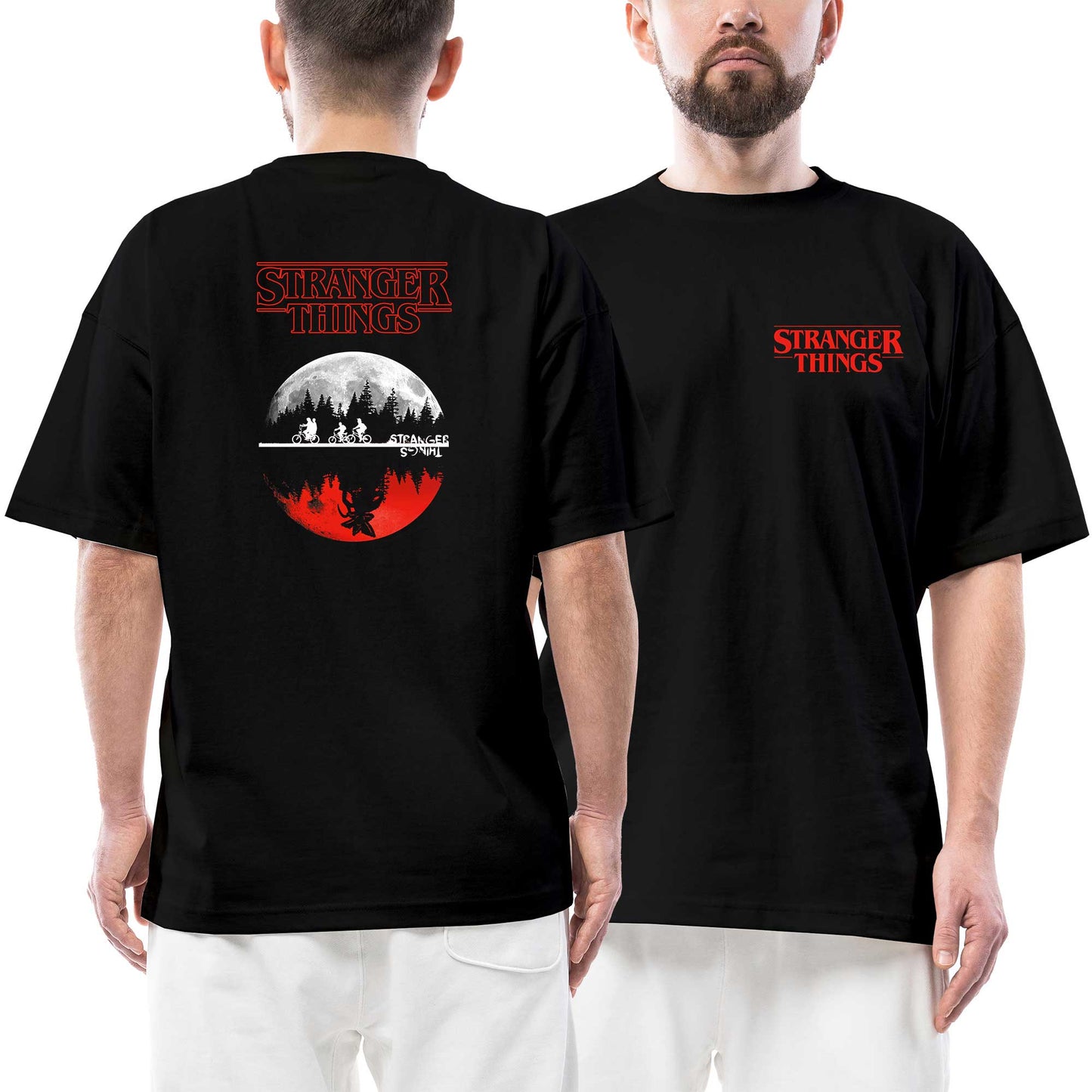 Stranger Things Ön Arka Baskılı Siyah Oversize Tişört