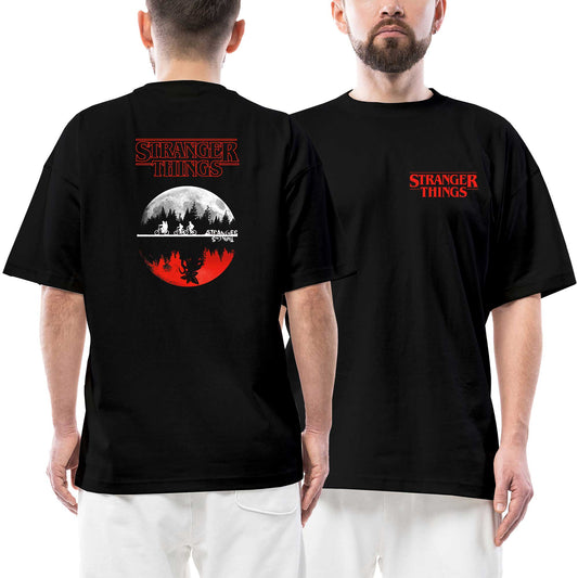 Stranger Things Ön Arka Baskılı Siyah Oversize Tişört