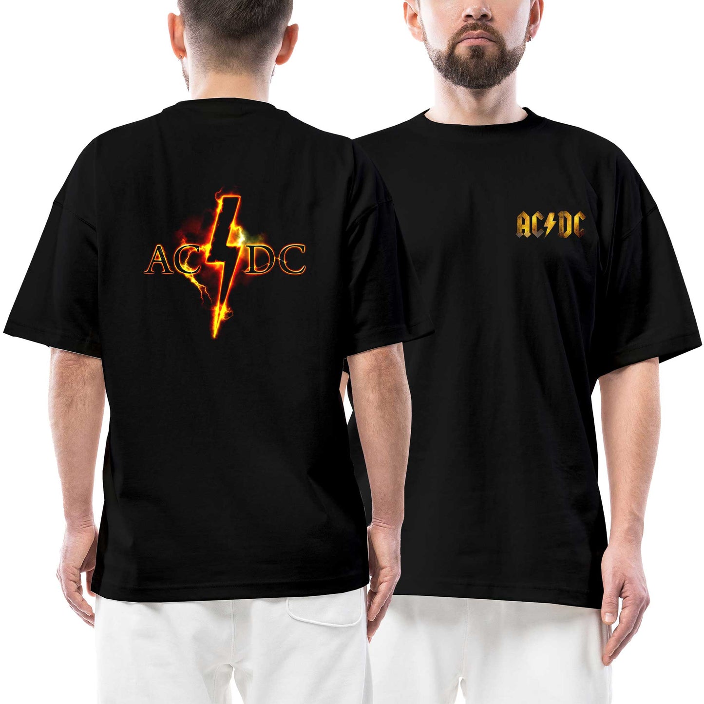 AC - DC Sun Ön Arka Baskılı Siyah Oversize Tişört