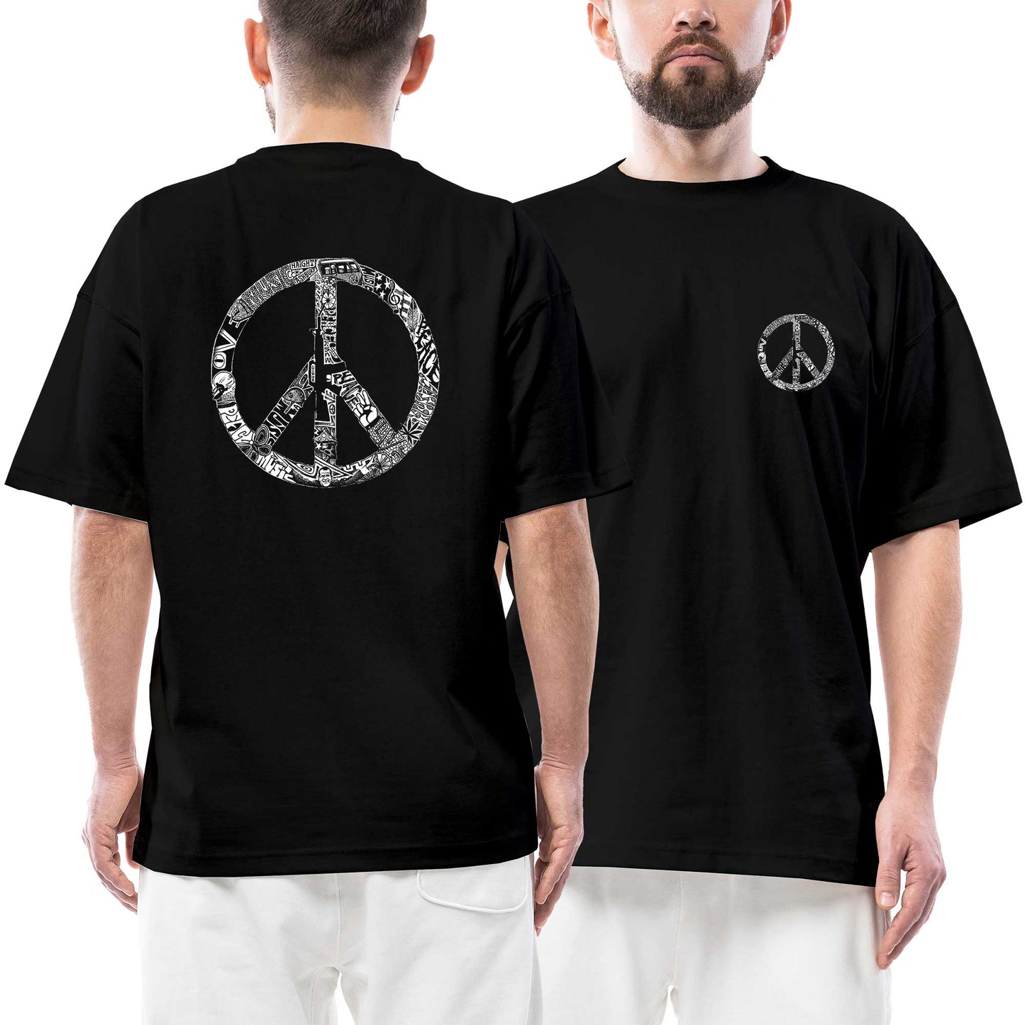 Music Love Peace Ön Arka Baskılı Siyah Oversize Tişört