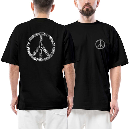 Music Love Peace Ön Arka Baskılı Siyah Oversize Tişört