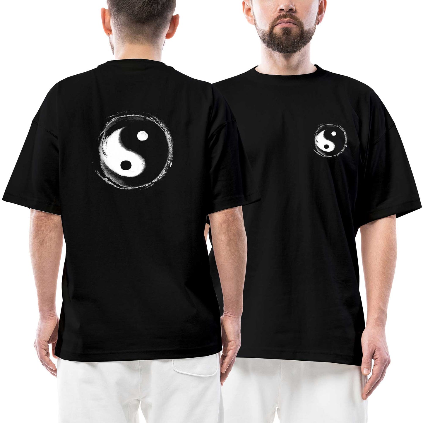Yin Yang Ön Arka Baskılı Siyah Oversize Tişört