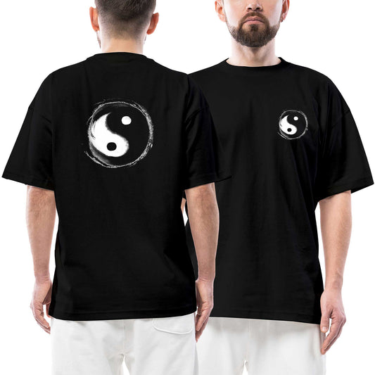 Yin Yang Ön Arka Baskılı Siyah Oversize Tişört