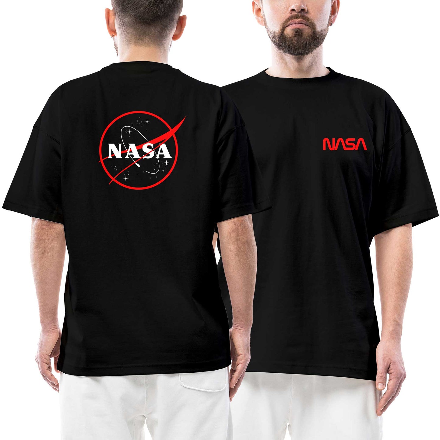 Nasa Ön Arka Baskılı Siyah Oversize Tişört