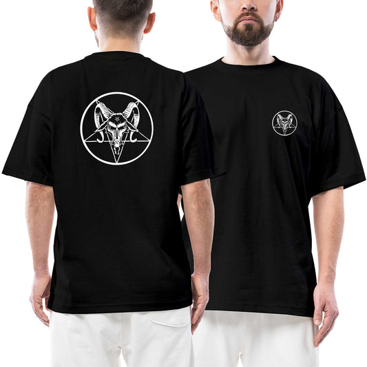 Pentagram Ön Arka Baskılı Siyah Oversize Tişört