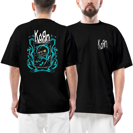Korn Blue Monster Ön Arka Baskılı Siyah Oversize Tişört