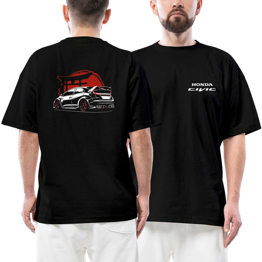 Honda Civic Ön Arka Baskılı Siyah Oversize Tişört