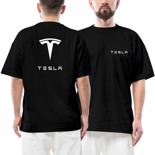 Tesla Ön Arka Baskılı Siyah Oversize Tişört