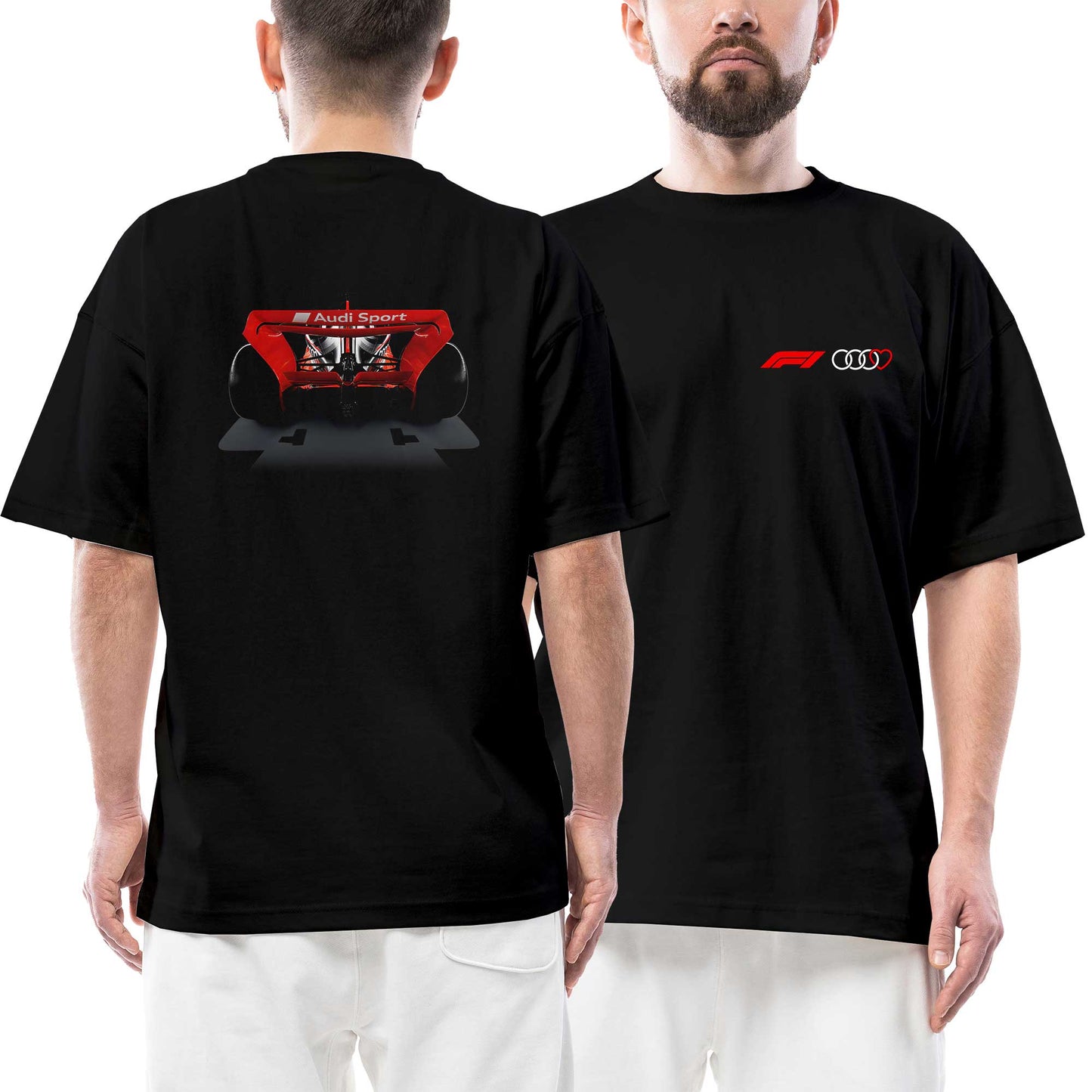 F1 Audi Sport Back Ön Arka Baskılı Siyah Oversize Tişört