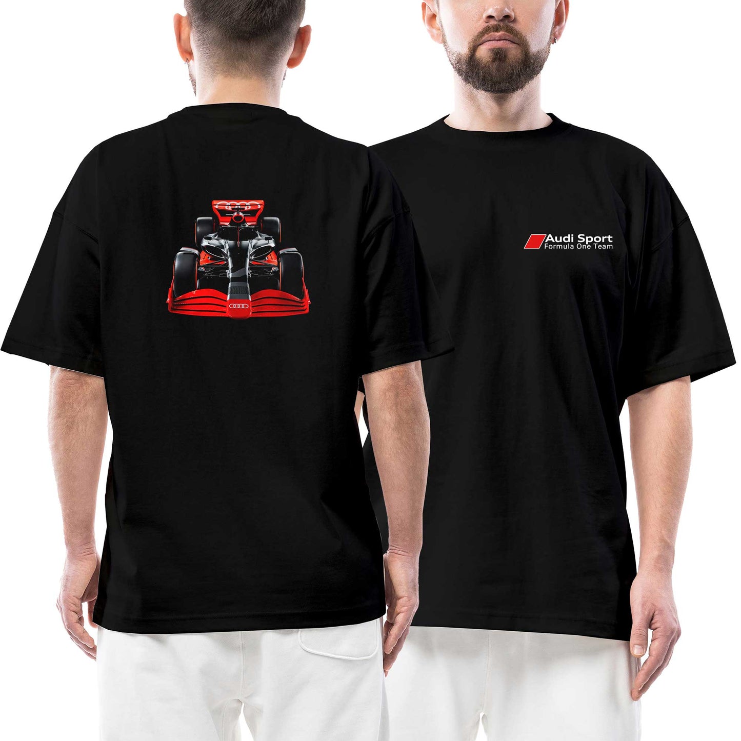 F1 Audi Formula One Ön Arka Baskılı Siyah Oversize Tişört