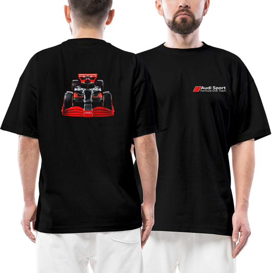 F1 Audi Formula One Ön Arka Baskılı Siyah Oversize Tişört