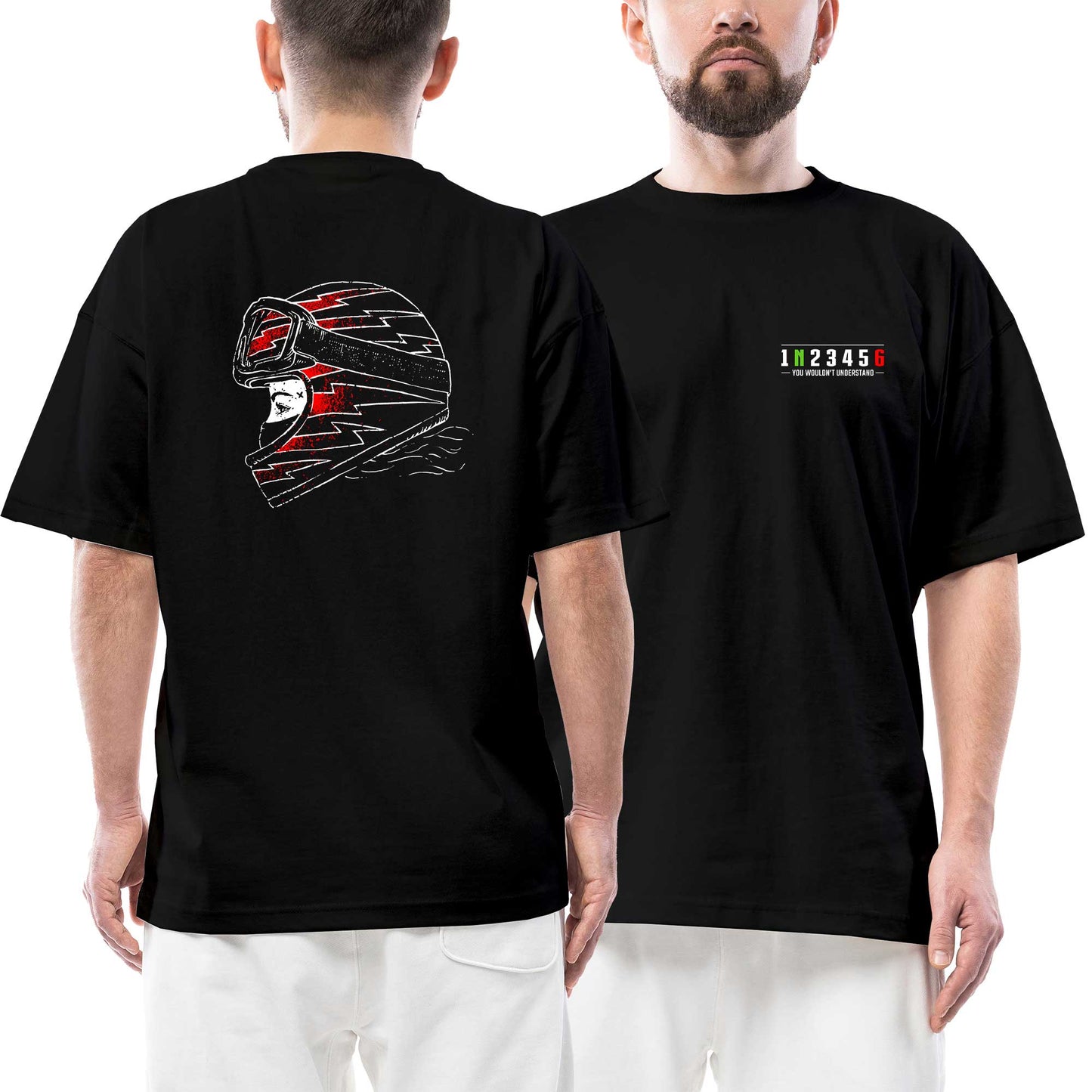 Motocycle Thunder Girl Ön Arka Baskılı Siyah Oversize Tişört