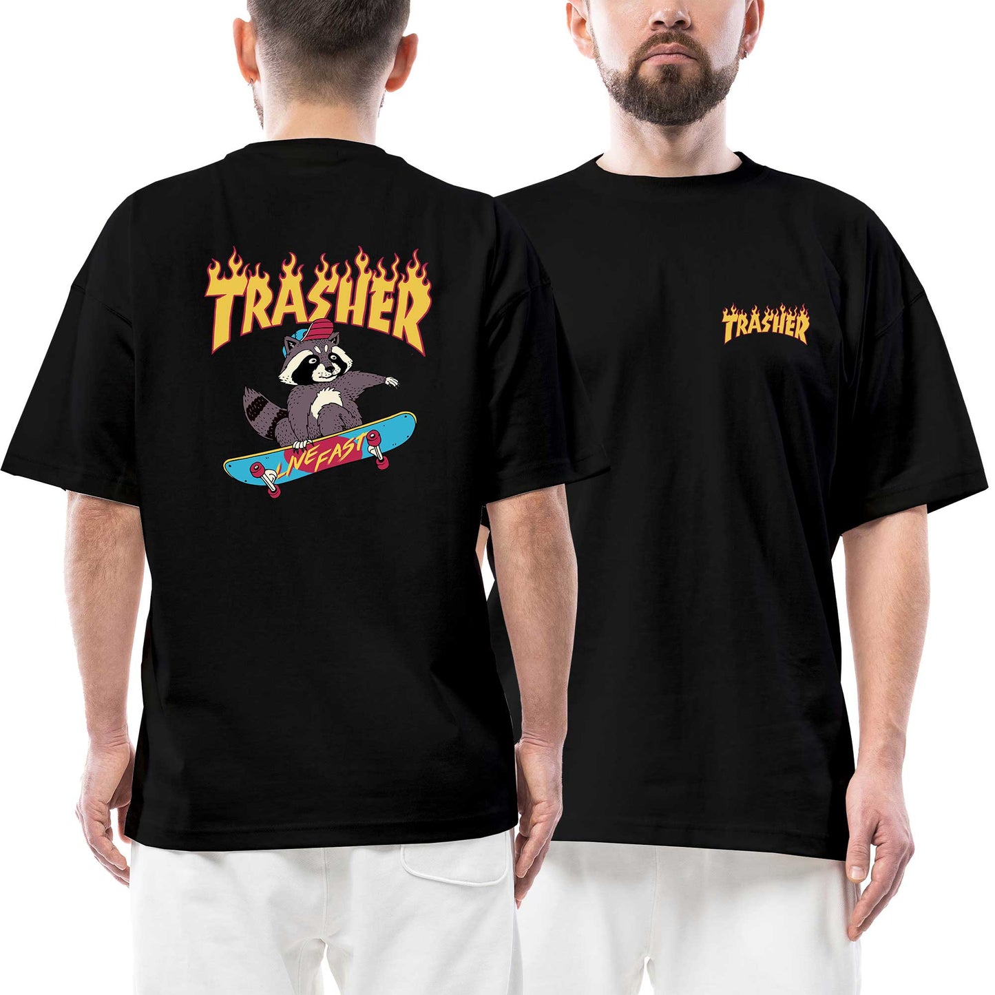 Trasher Skate Racoon Ön Arka Baskılı Siyah Oversize Tişört