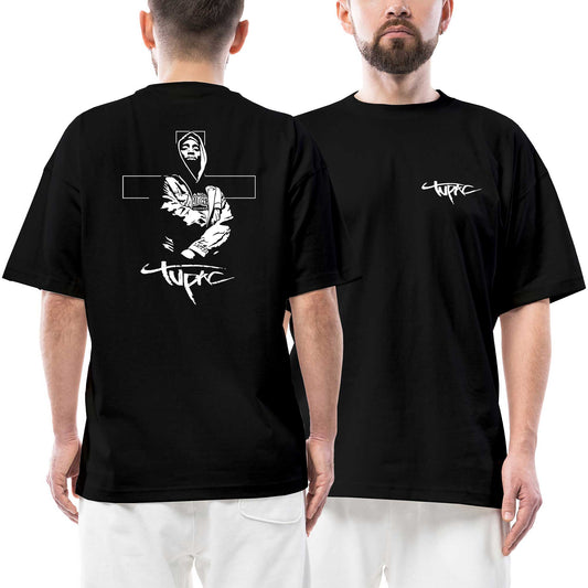 Tupac Angel Ön Arka Baskılı Siyah Oversize Tişört