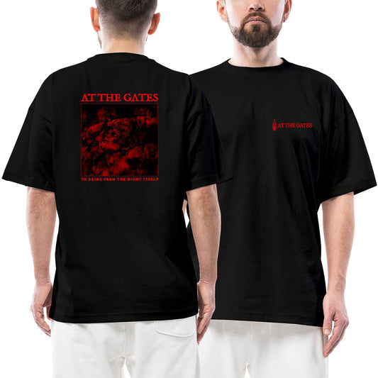 At The Gates To Drink from the Night Itself Ön Arka Baskılı Siyah Oversize Tişört