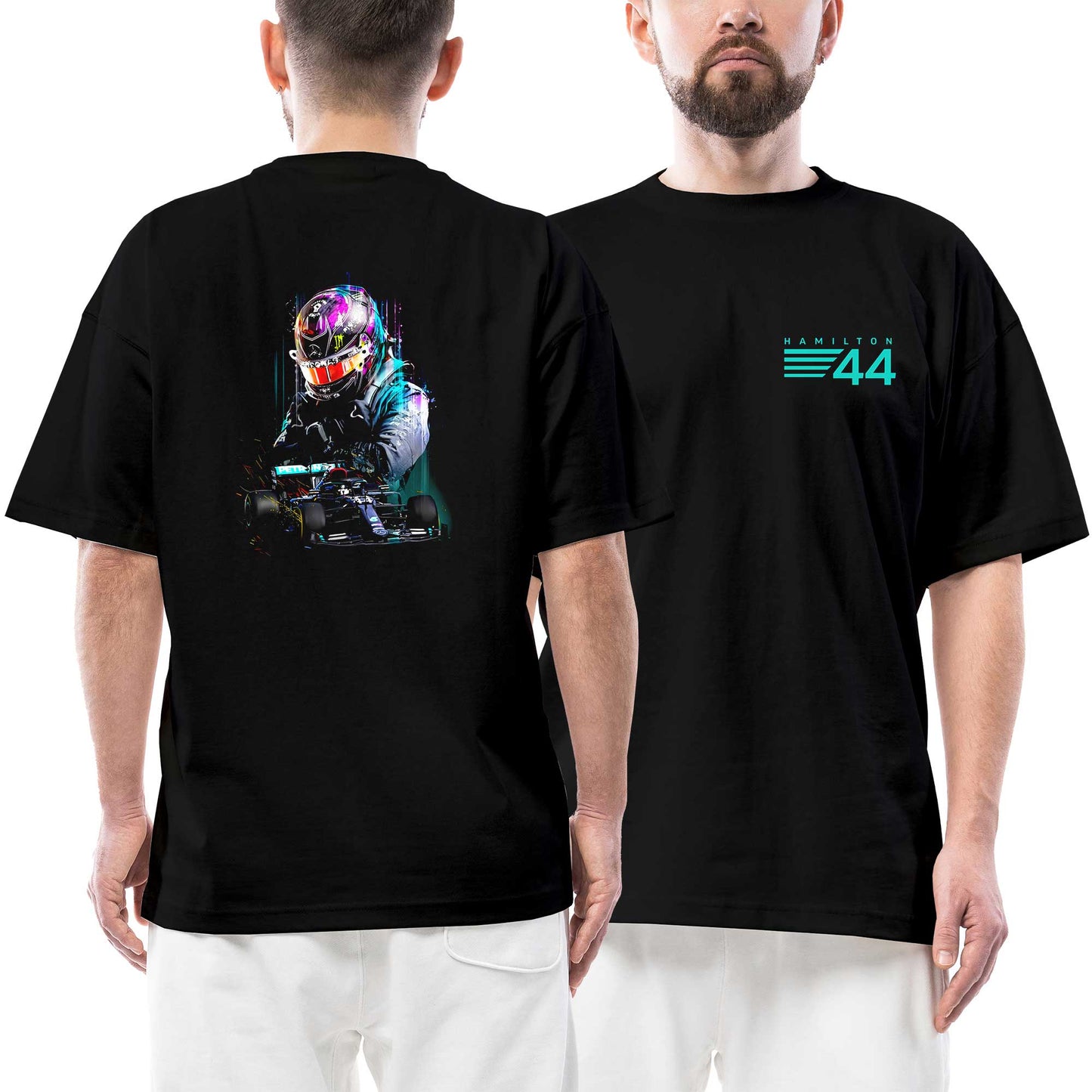 F1 Lewis Hamilton 44 Ön Arka Baskılı Siyah Oversize Tişört