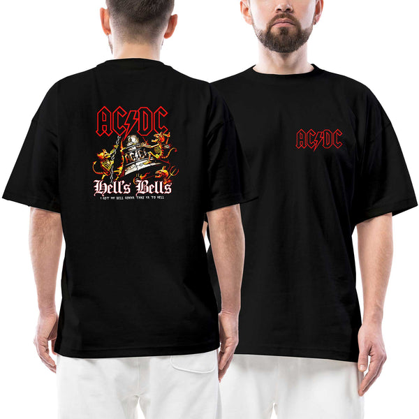 AC DC Hells Bells Ön Arka Baskılı Siyah Oversize Tişört