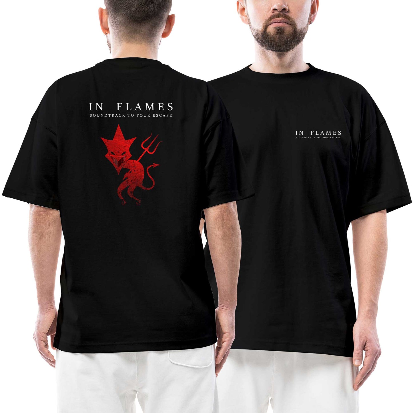 In Flames Ön Arka Baskılı Siyah Oversize Tişört
