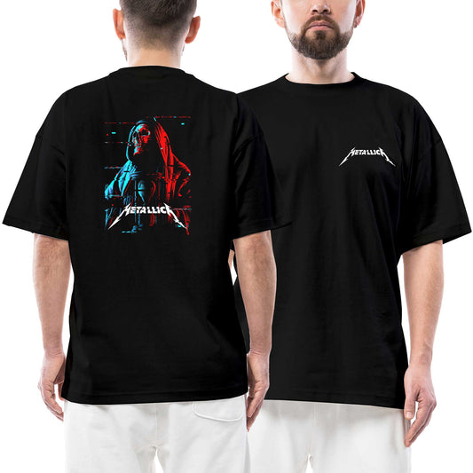 Metallica Red Blue Ön Arka Baskılı Siyah Oversize Tişört