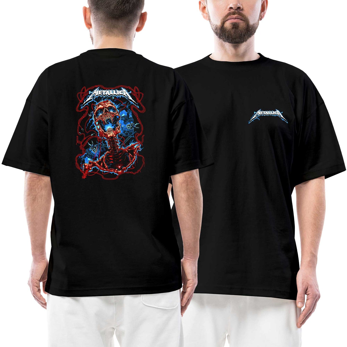 Metallica Lightning Skull Ön Arka Baskılı Siyah Oversize Tişört
