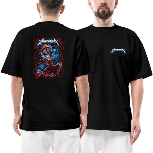 Metallica Lightning Skull Ön Arka Baskılı Siyah Oversize Tişört