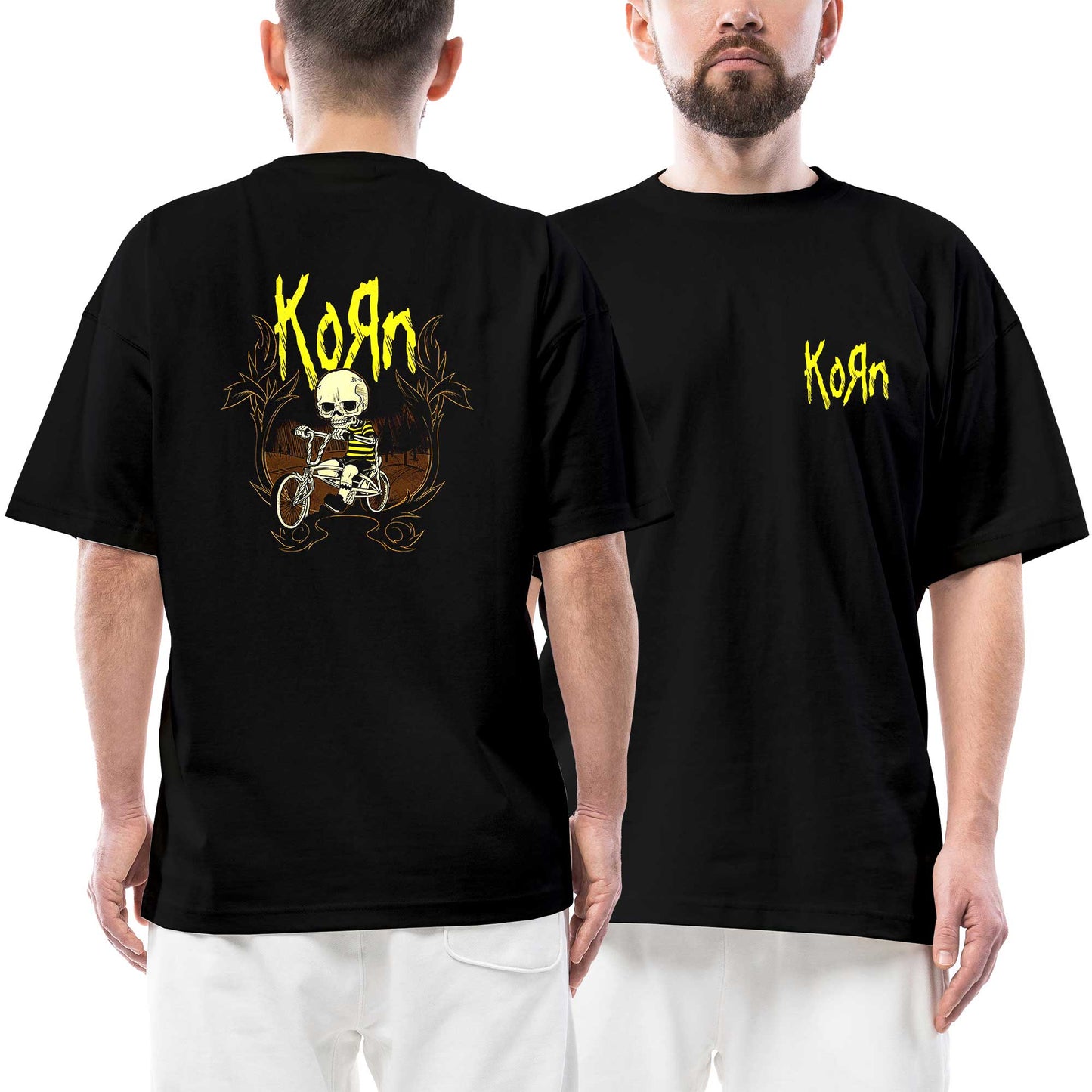 Korn Skull Ön Arka Baskılı Siyah Oversize Tişört