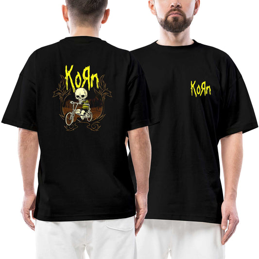 Korn Skull Ön Arka Baskılı Siyah Oversize Tişört