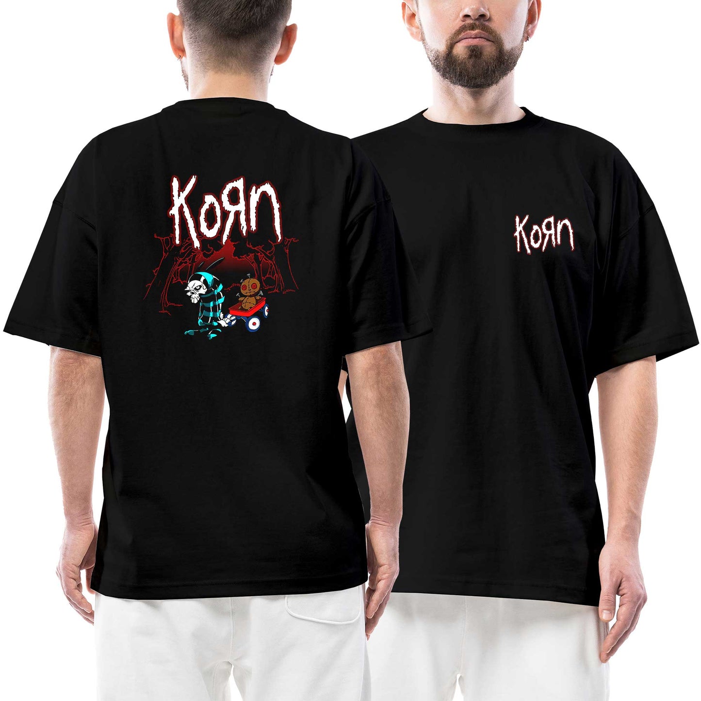 Korn Red Skull Ön Arka Baskılı Siyah Oversize Tişört