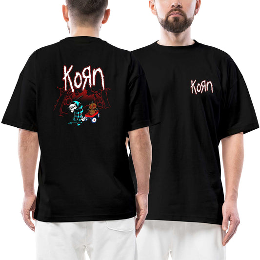Korn Red Skull Ön Arka Baskılı Siyah Oversize Tişört